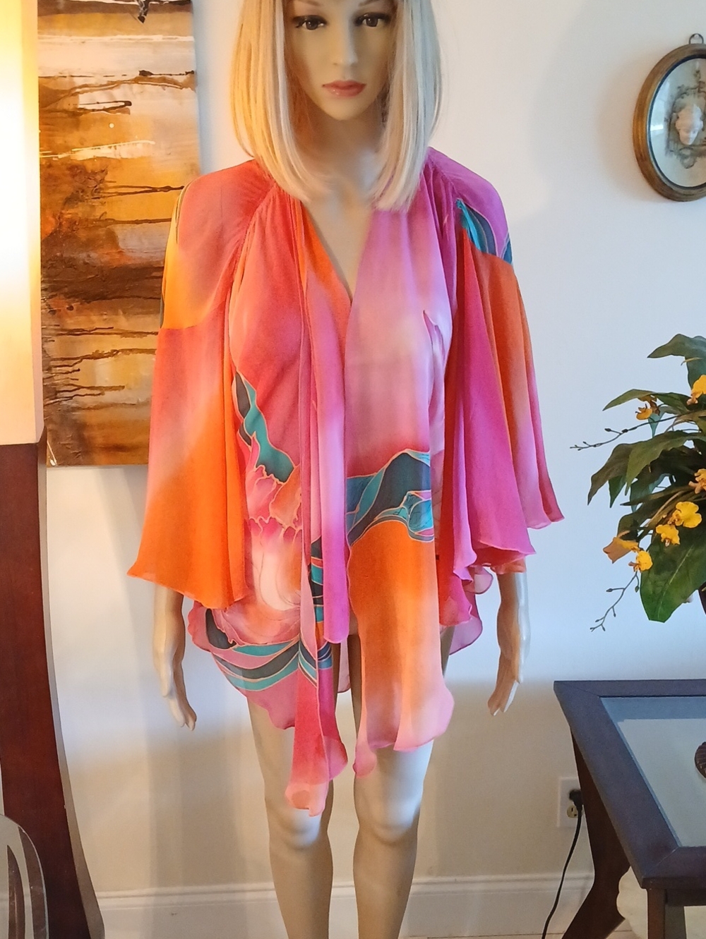 Vibrant Pink & Orange hand painted flowing Silk Blouse or cover up (any size).